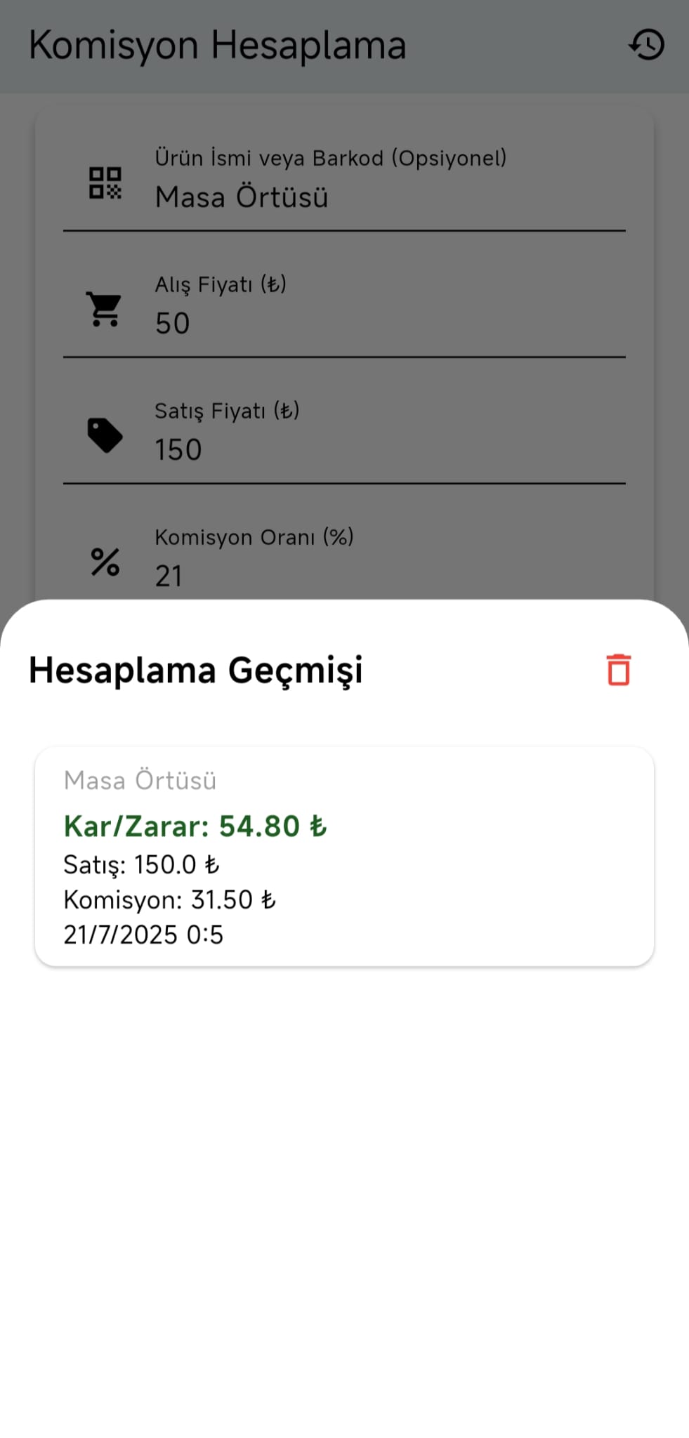 Komisyon Hesaplama Geçmişi